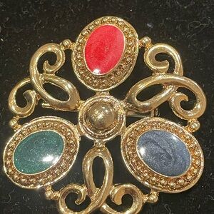 STUNNING VINTAGE Gold Brooch with Red, Green, and Blue Accents BY CORO